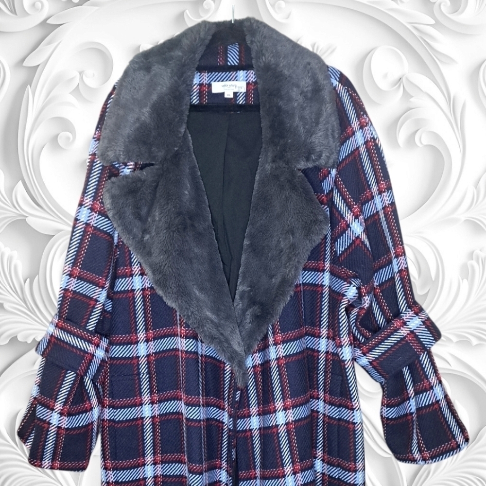 Victor Alfaro Collective Oversized Tweed Faux Fur Collar Coat XXL - Picture 5 of 7